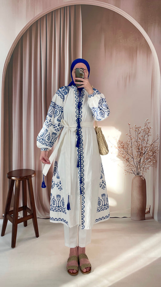 Ham Keten Etnik Nakışlı Kimono