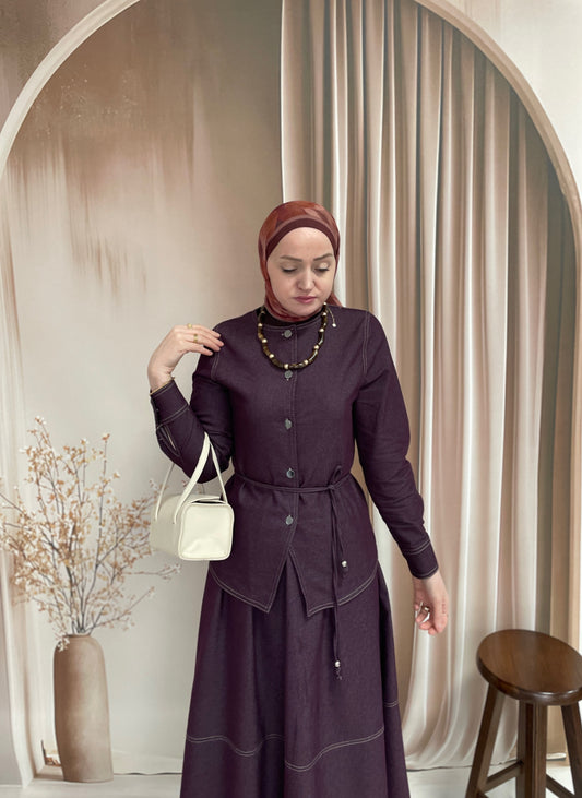 Premium Denim Etekli Takım Bordo