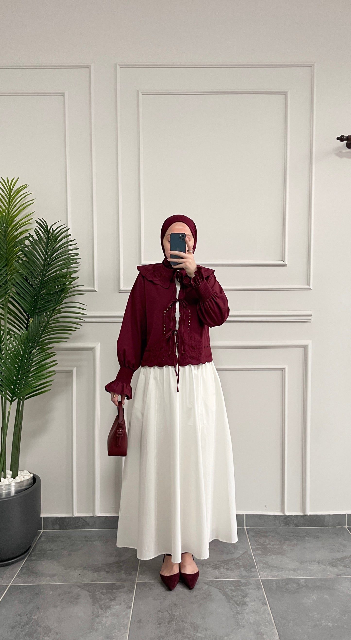Bebe Yaka Nakışlı Kollar Gipeli Kimono-Bordo