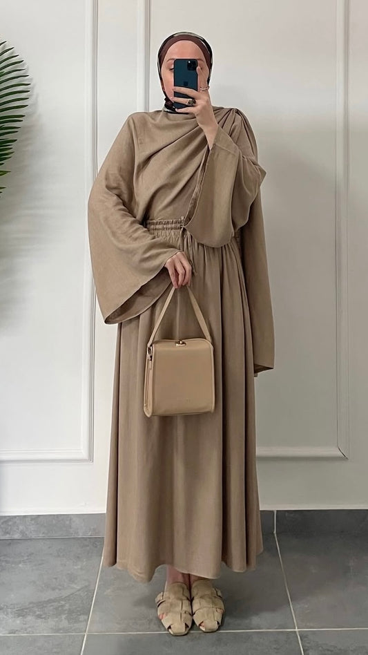 Pelerin Tasarım Ham Keten Etekli Takım-Vizon