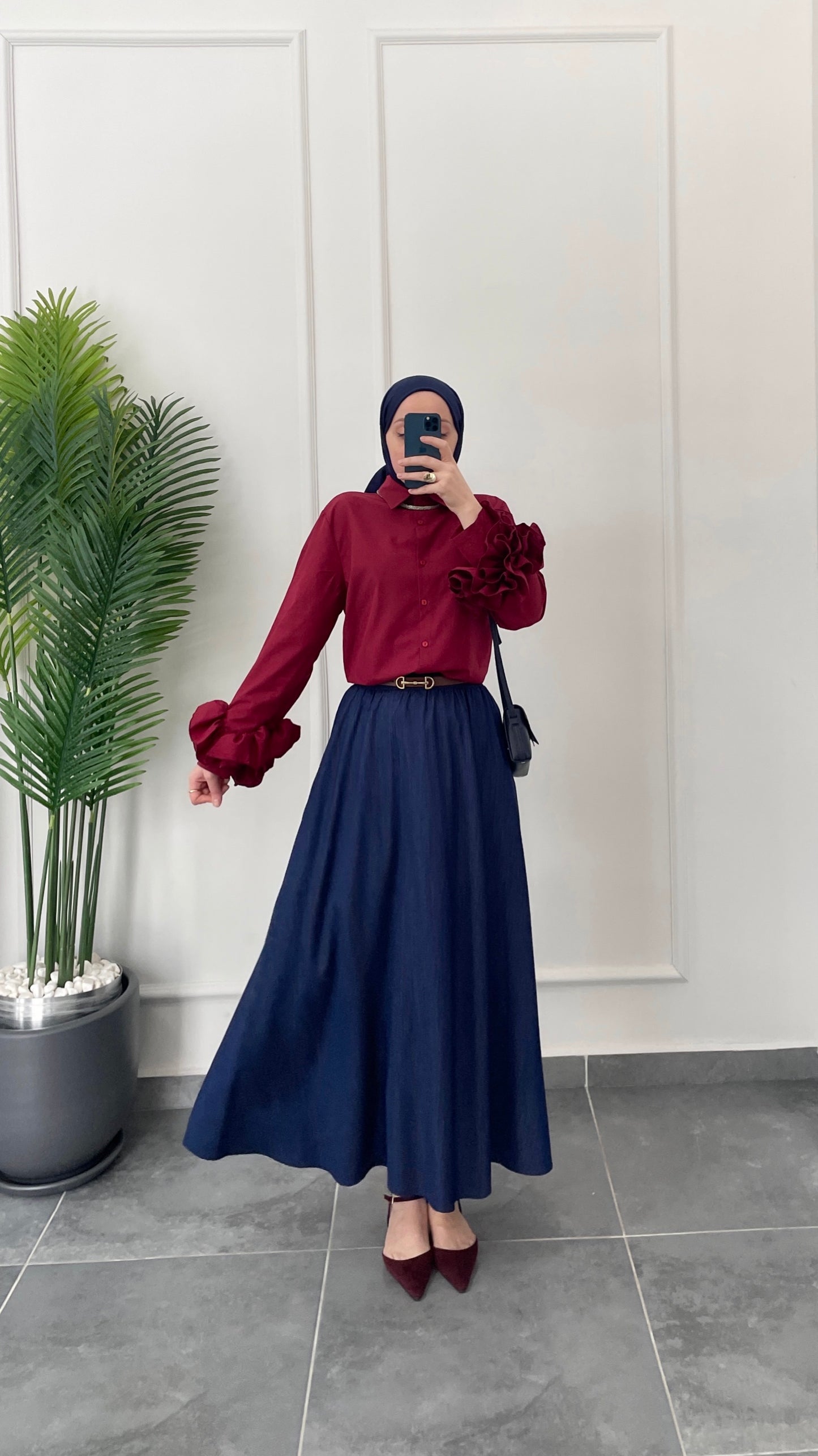 Çilek Kol Tasarım Gömlek-Bordo