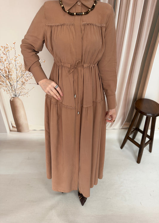 Güpürlü Cupra Elbise Camel