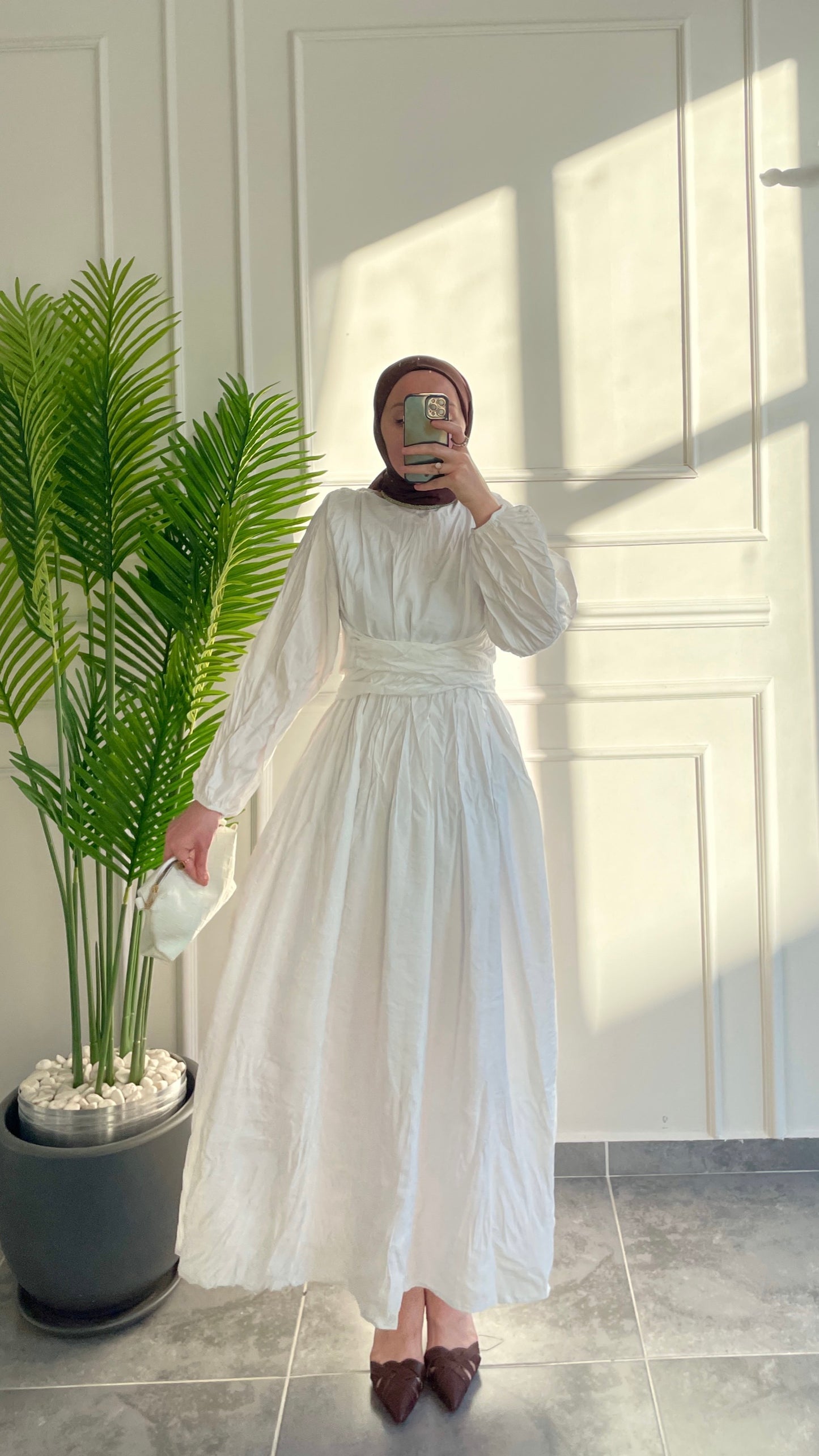 Bel Bağlamalı Kraş Elbise-Beyaz