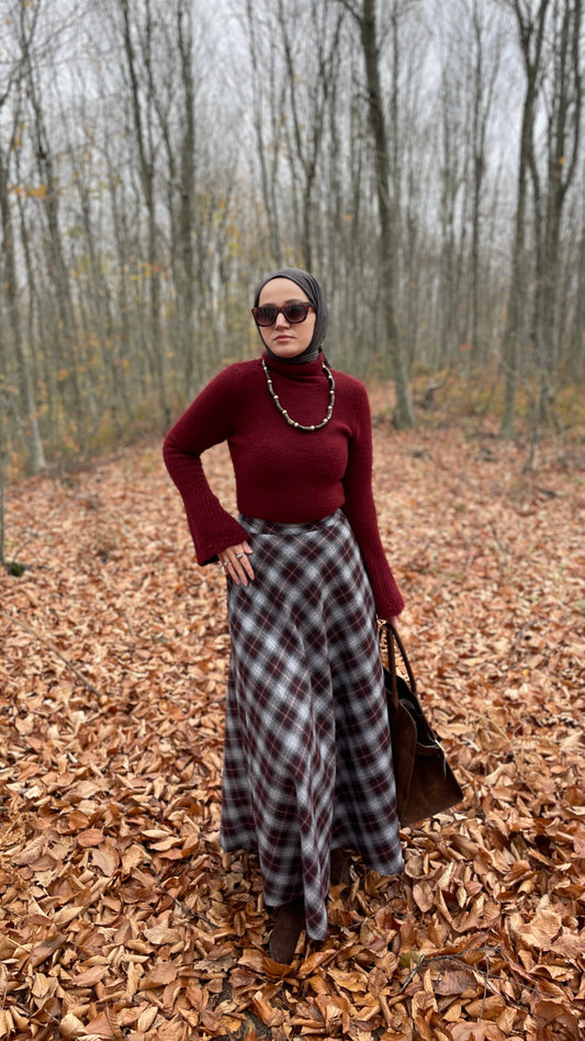 Ekose Desen Kloş Etek Bordo&Antrasit