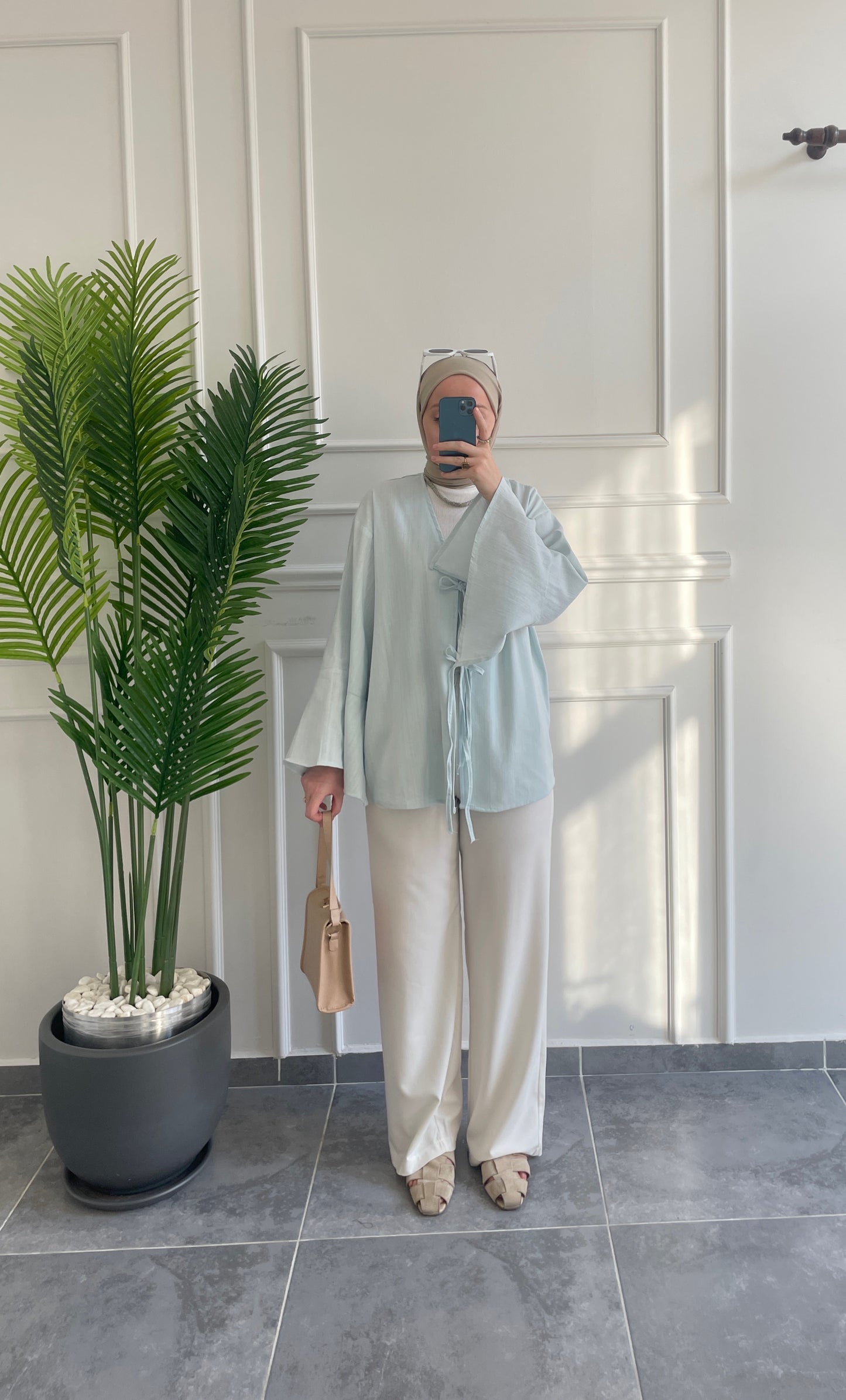 İspanyol Kol Ham Keten Kimono-Bebe Mavi