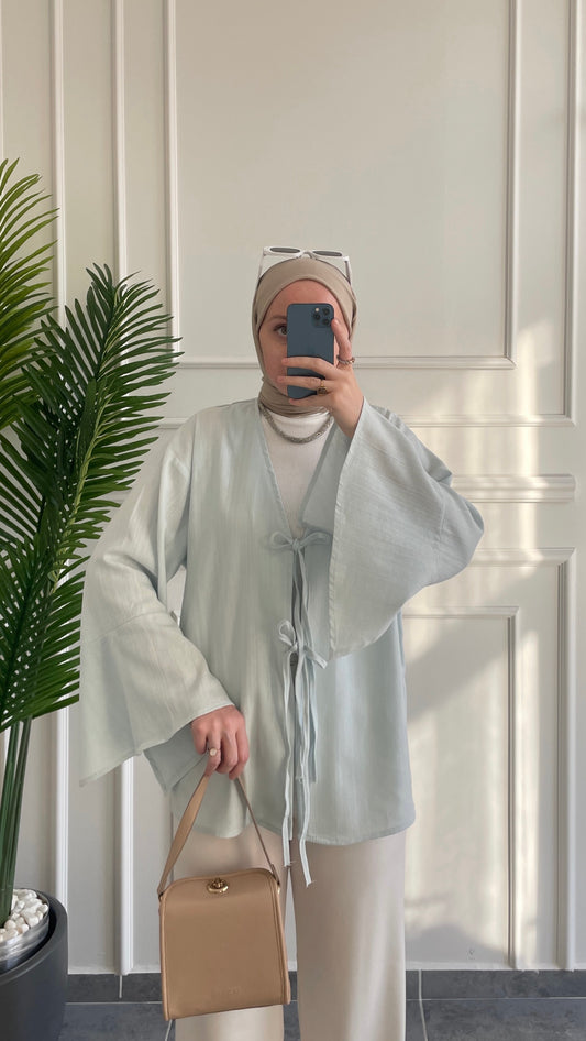 İspanyol Kol Ham Keten Kimono-Bebe Mavi