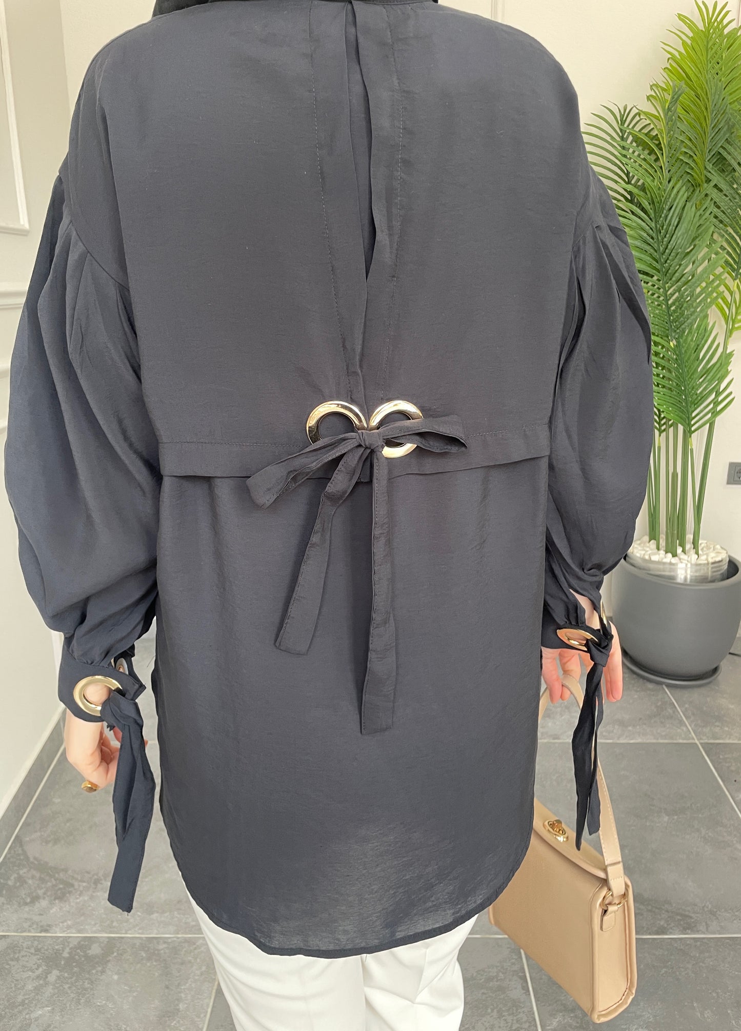 Kuş Gözü Tasarım Tencel Gömlek-Siyah