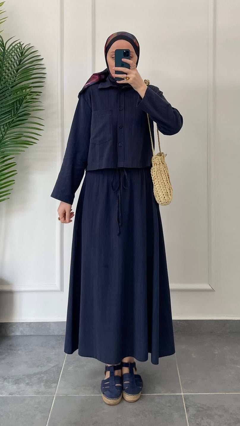 Ham Keten Düğmeli Etekli Takım-Lacivert