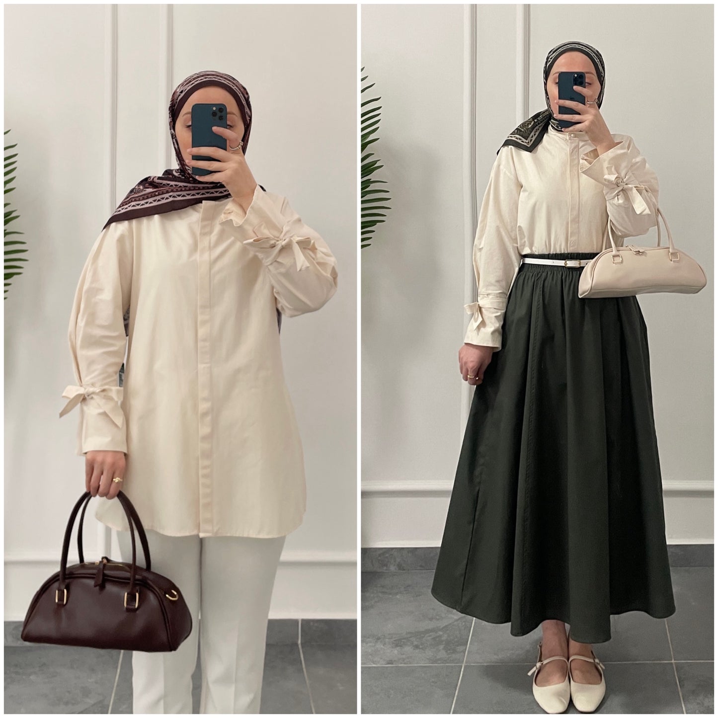 Kollar Bağcıklı Poplin Gömlek-Bej