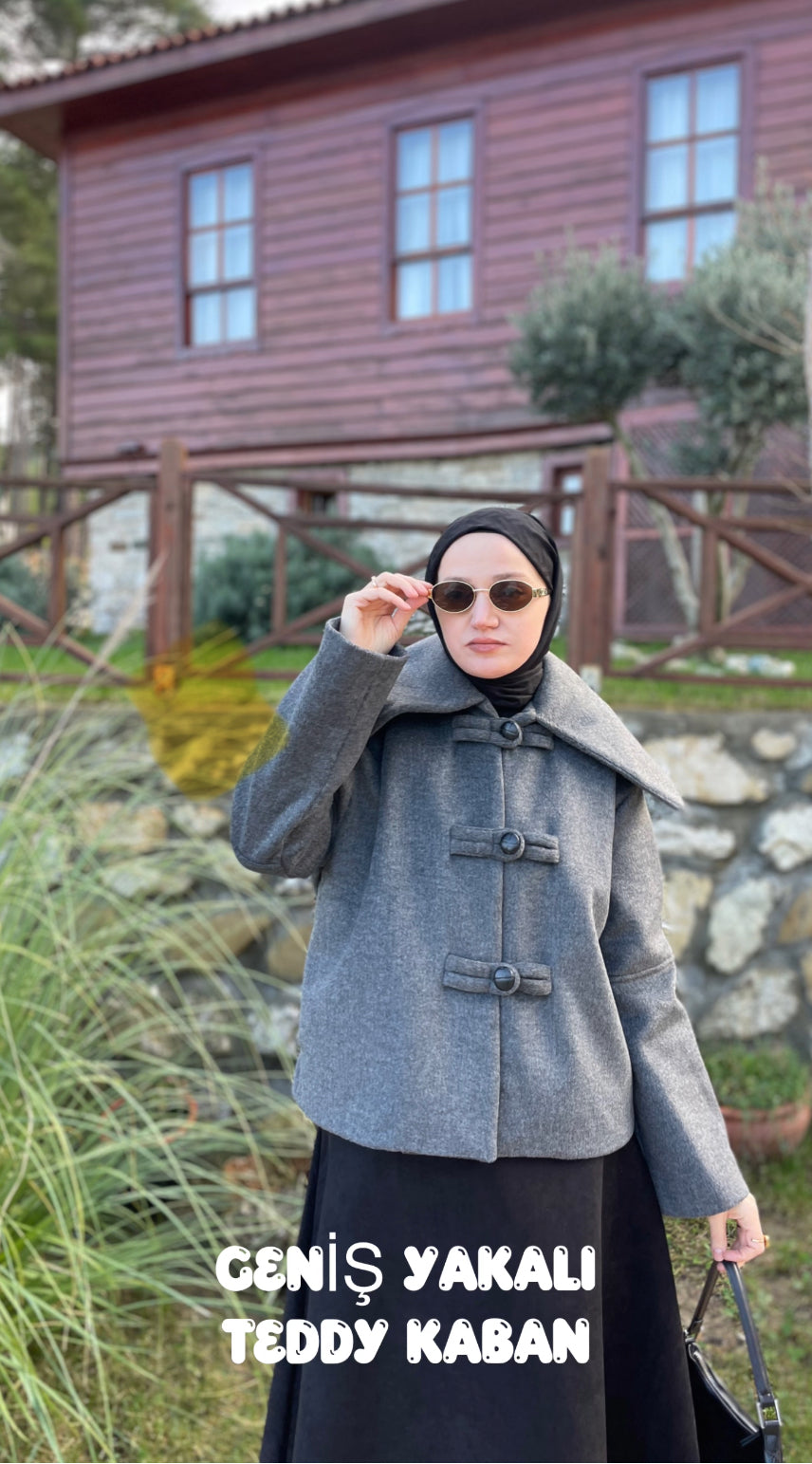 Geniş Yakalı Teddy Kısa Kaban Antrasit