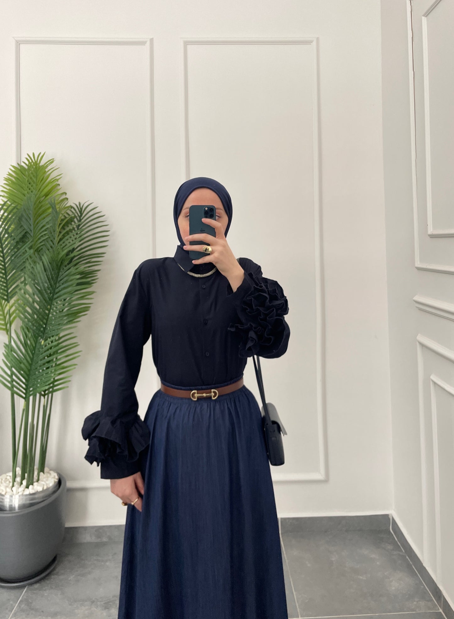 Çilek Kol Tasarım Gömlek-Lacivert