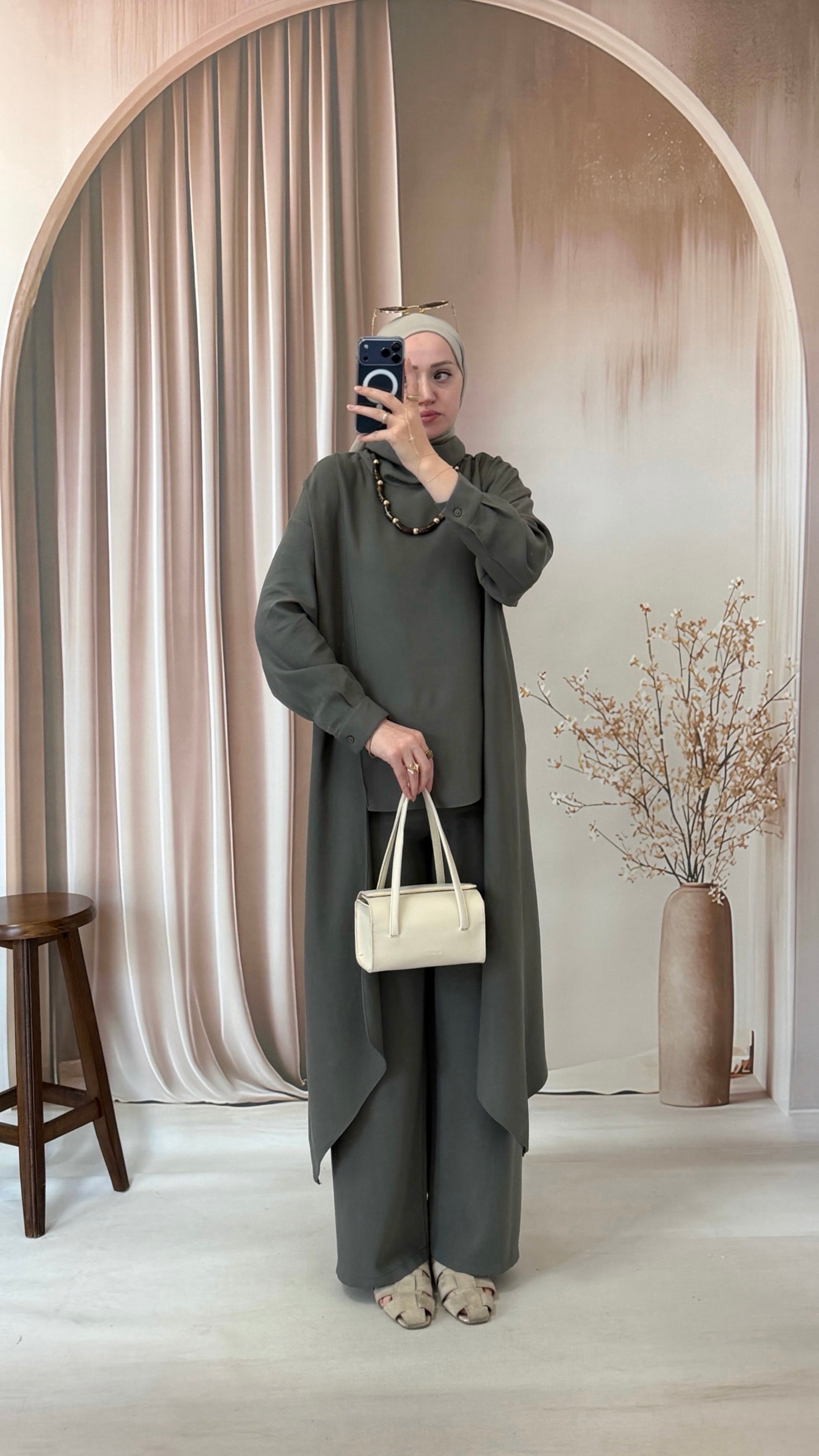 Tencel Cupra Kumaş Asimetrik Tasarım Takım Haki