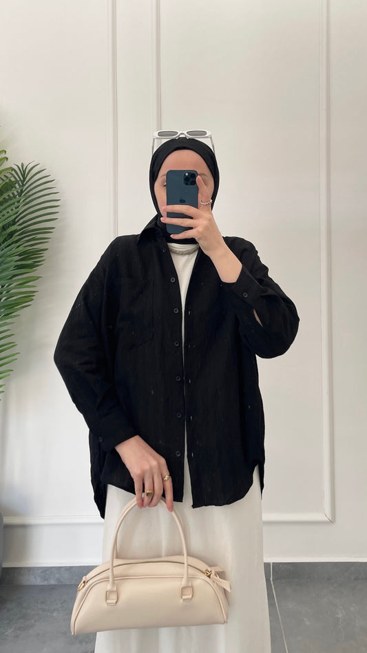 Kraş Kendinden Dokulu Gömlek-Siyah