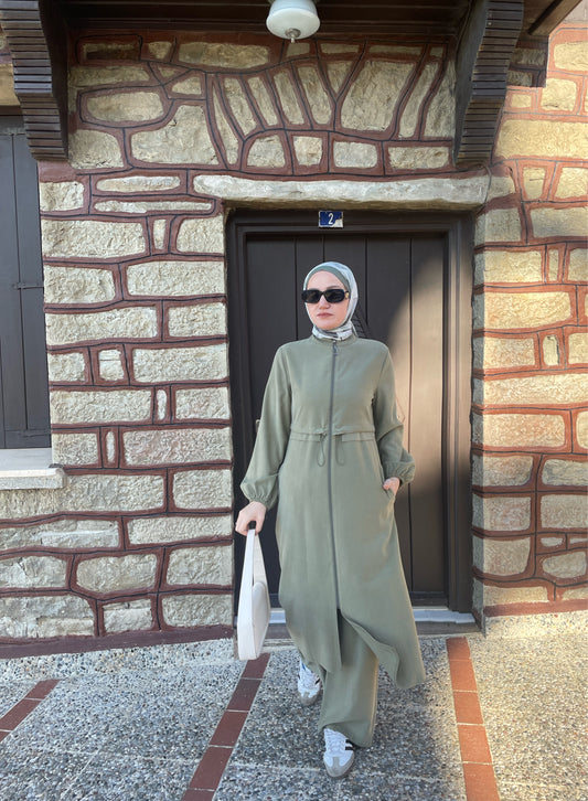 Fermuarlı Kap&Pantolonlu Koton Takım Haki