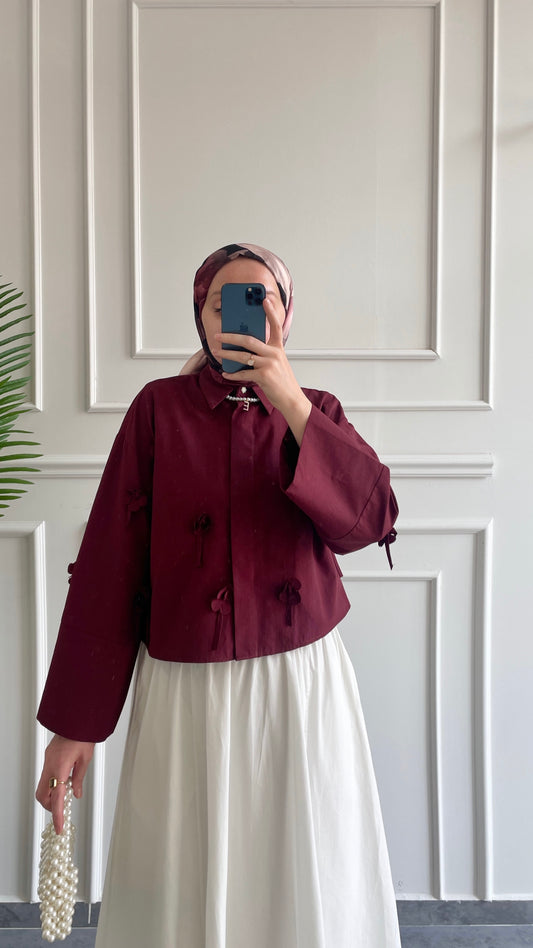 Papatyalı Poplin Gömlek-Bordo