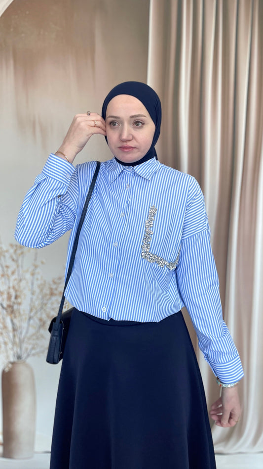 Twist  Model Çizgili Taşlı Gömlek Mavi