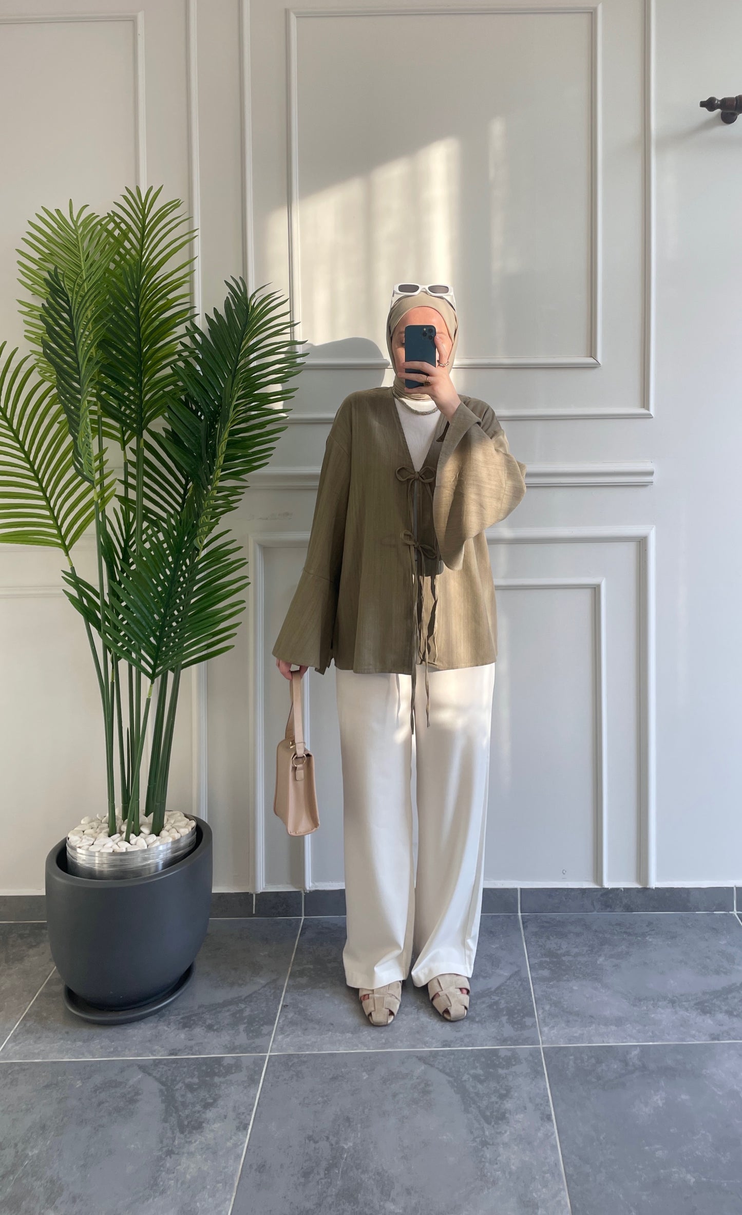 İspanyol Kol Ham Keten Kimono-Haki