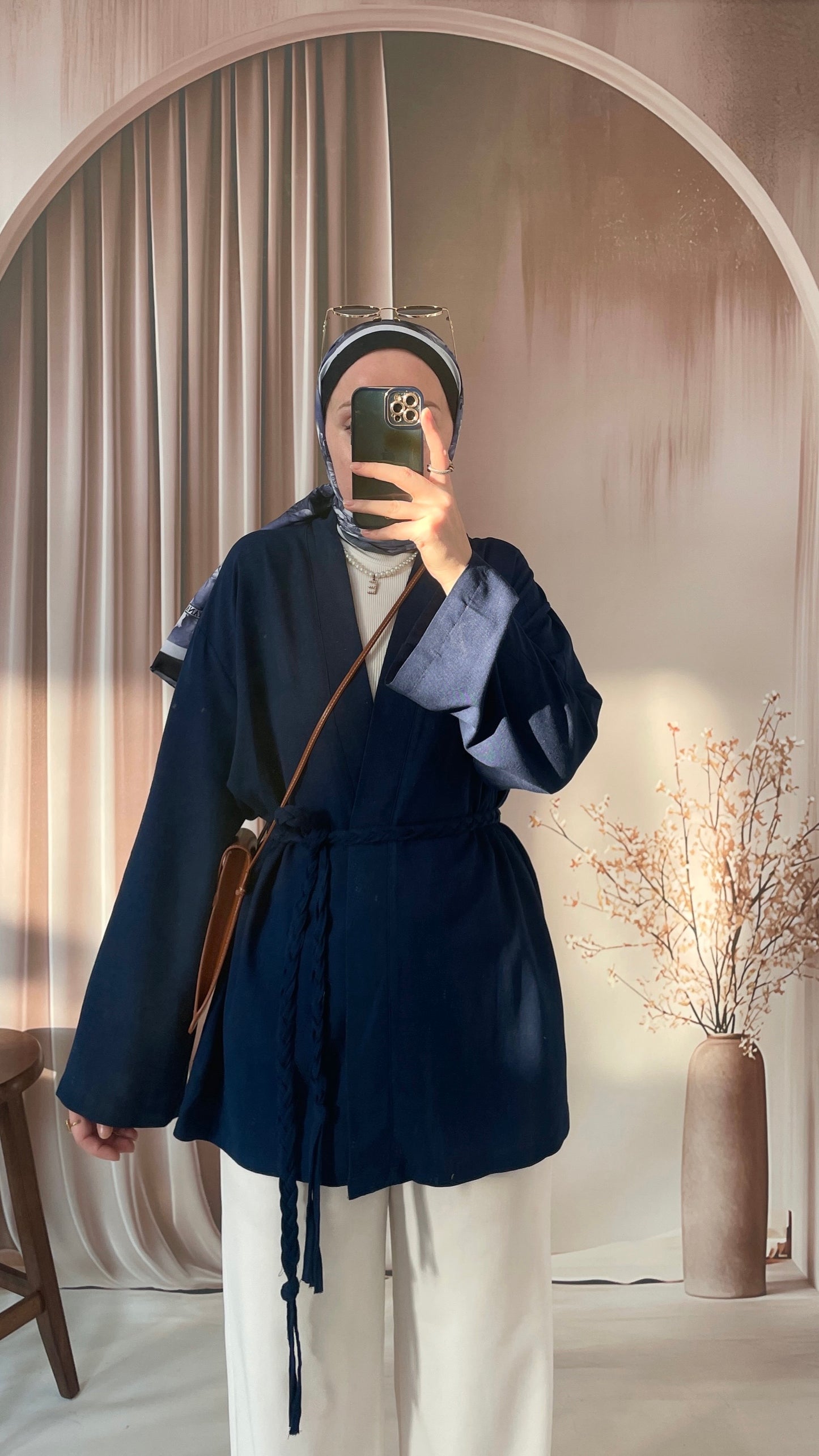 Ham Keten Örgü Kemerli Kimono Lacivert