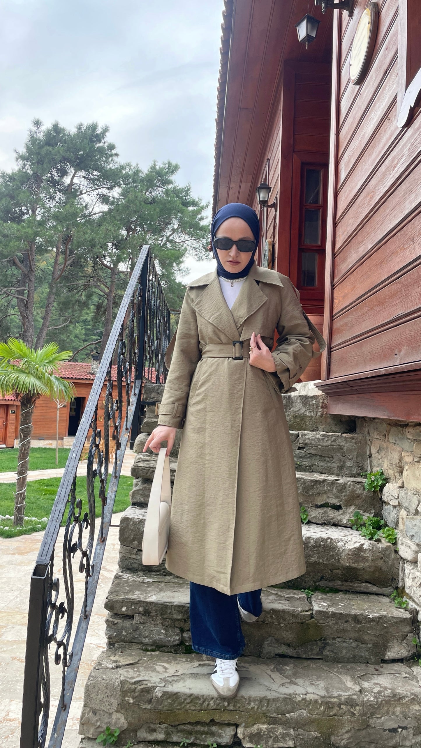 Renkli Dikişli Premium Trençkot Haki Yeşil