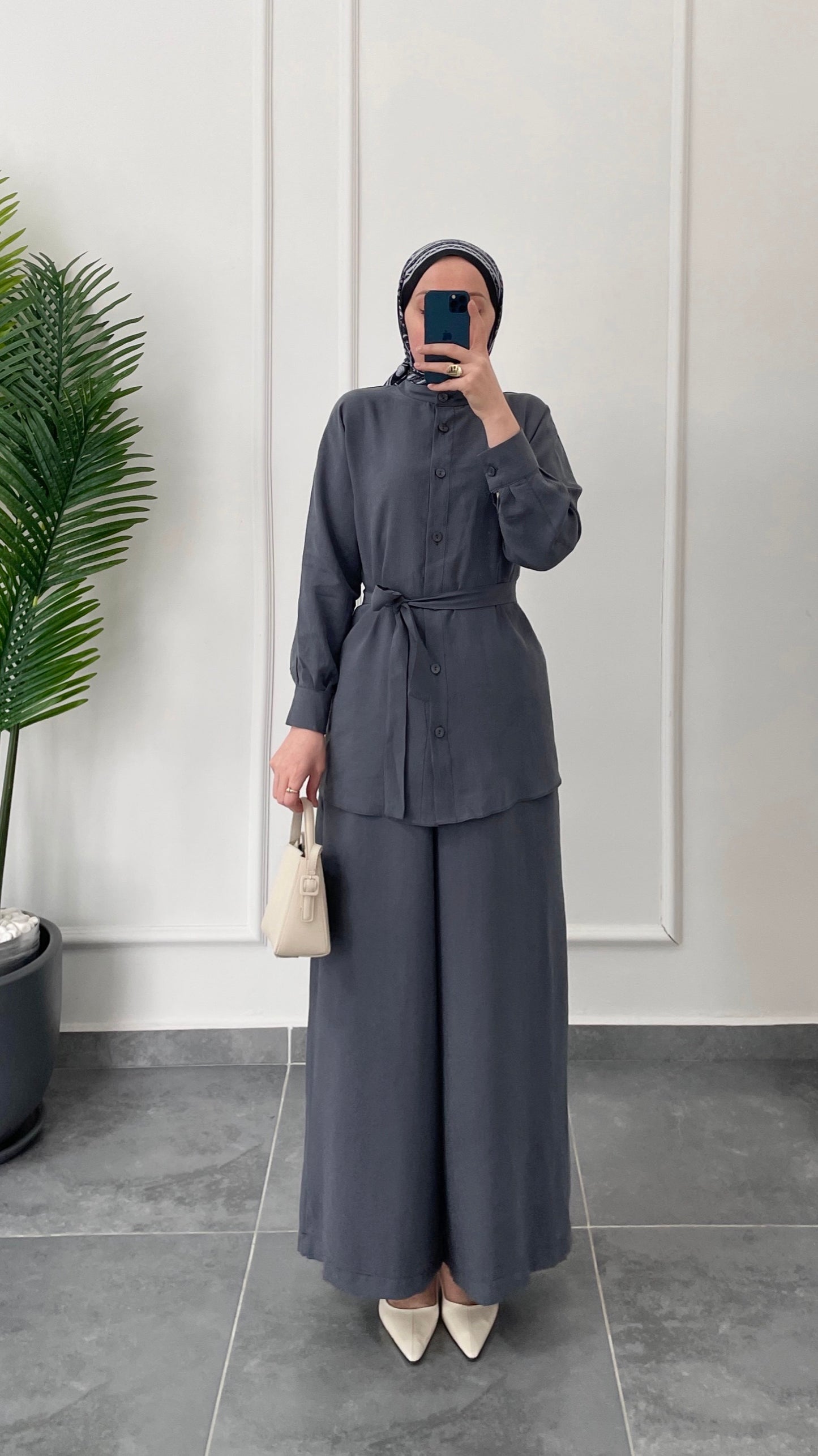 Tencel Keten Etek Pantolonlu Takım Antrasit