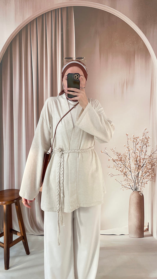 Ham Keten Örgü Kemerli Kimono Naturel