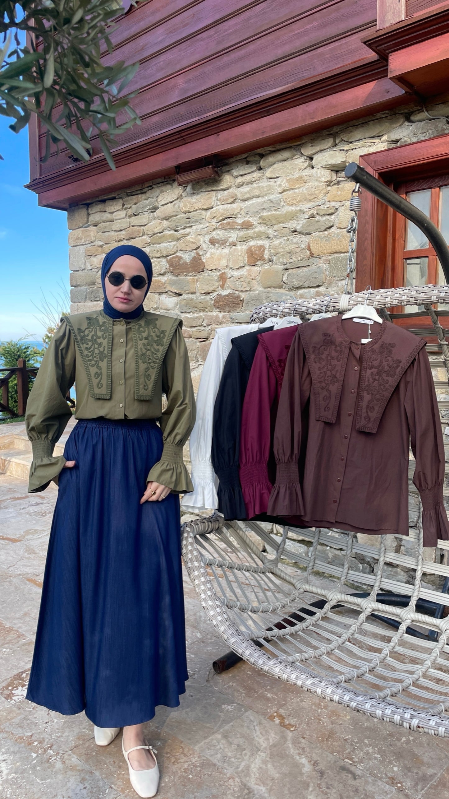 Geniş Yakalı Nakışlı Vintage Gömlek Yeşil
