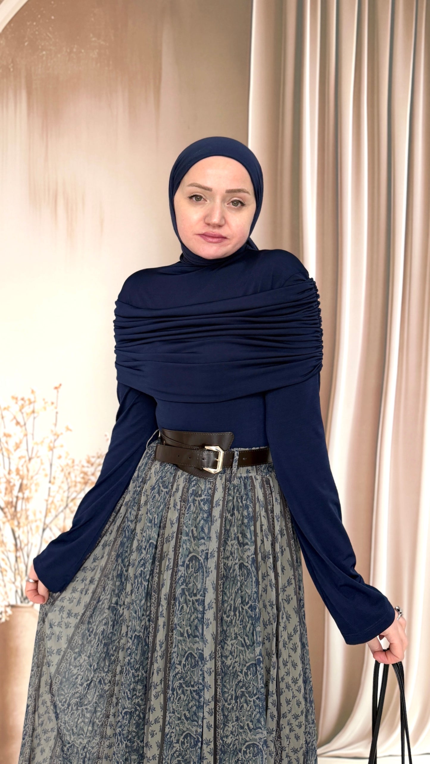 Omuz Drapeli Bluz Lacivert