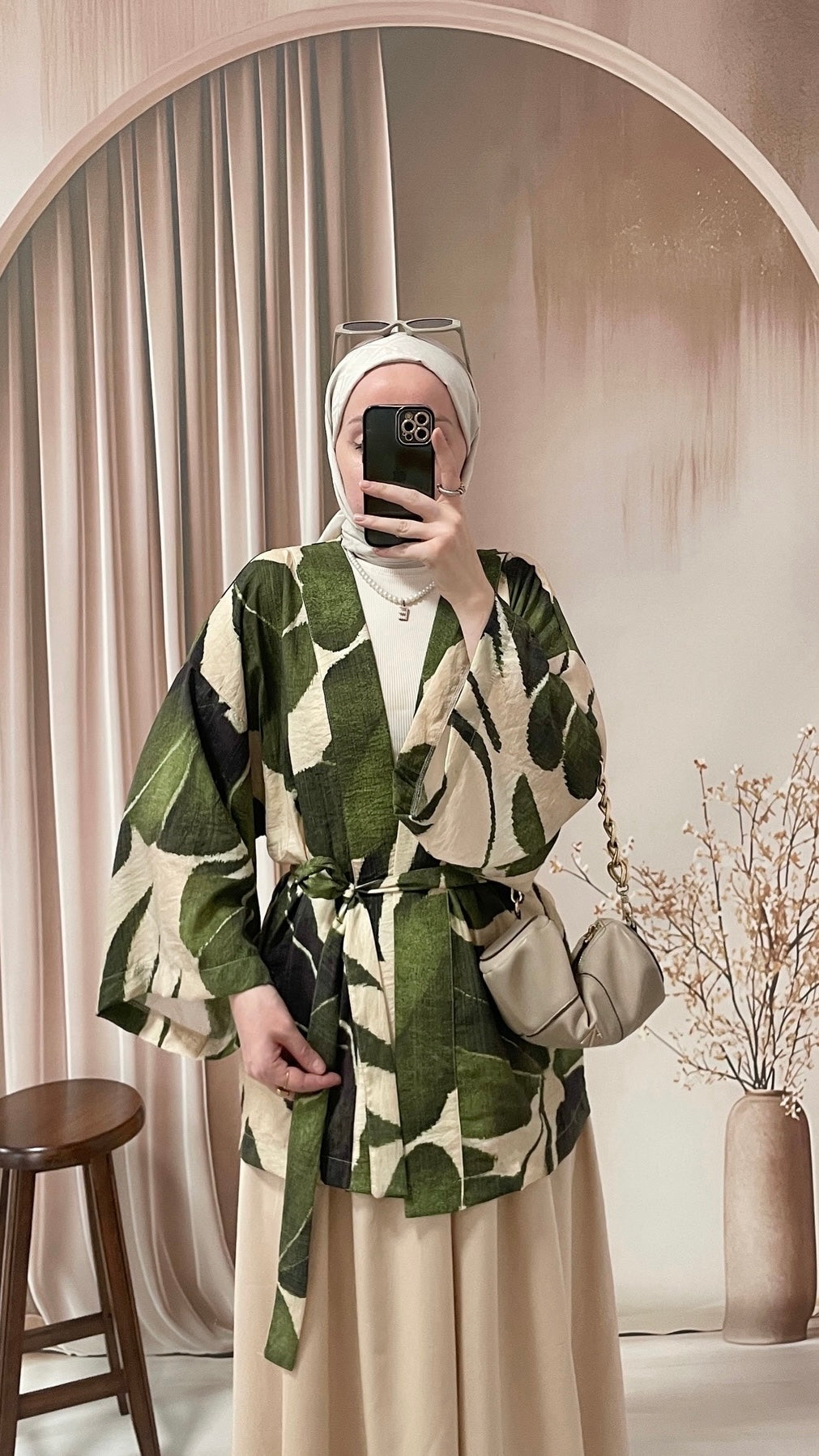 Yaprak Desenli Kimono Yeşil