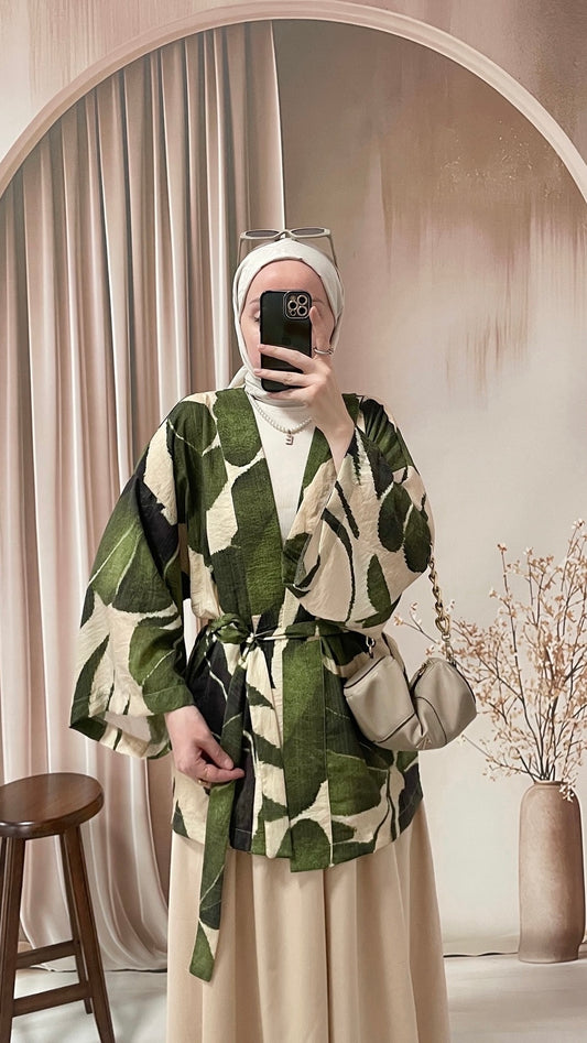 Yaprak Desenli Kimono Yeşil