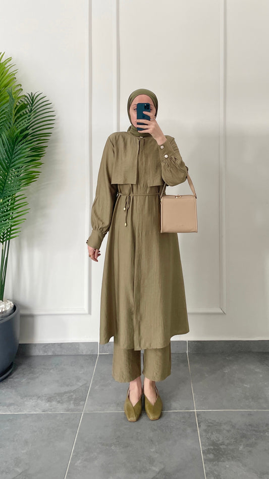 Çilek Kumaş Tunikli Takım-Yağ yeşili