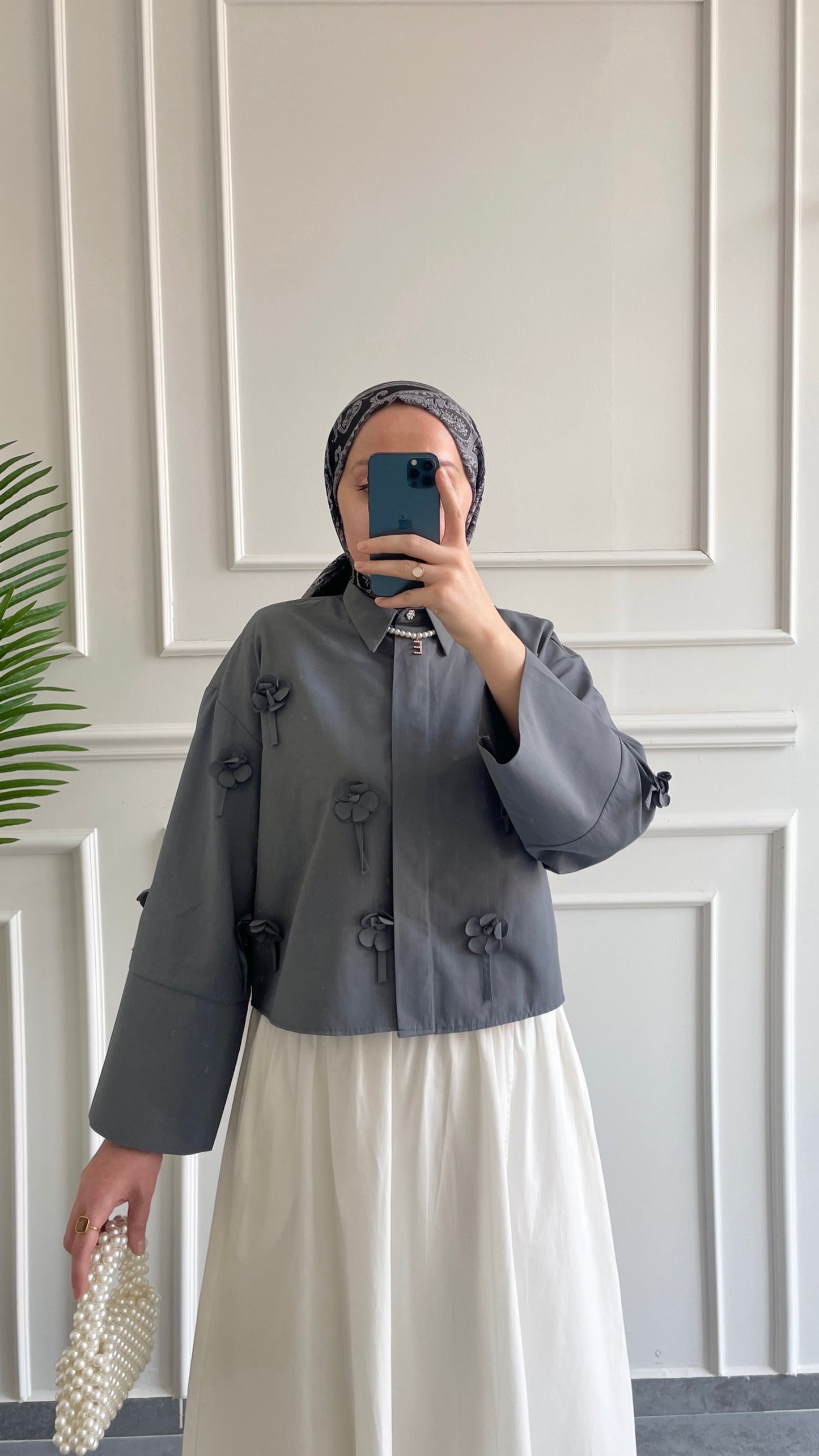 Papatyalı Poplin Gömlek-Gri