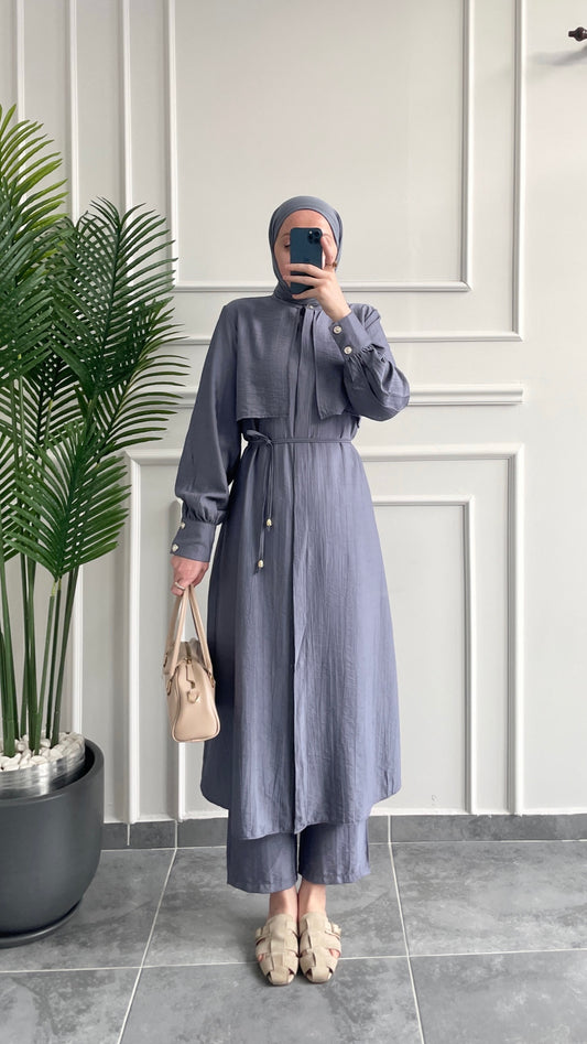 Çilek Kumaş Tunikli Takım-İndigo