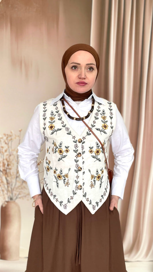 Sarı Papatya Nakışlı Keten Yelek