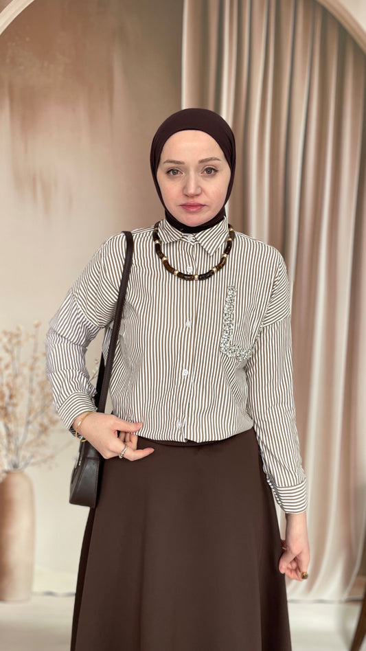 Twist  Model Çizgili Taşlı Gömlek Kahve