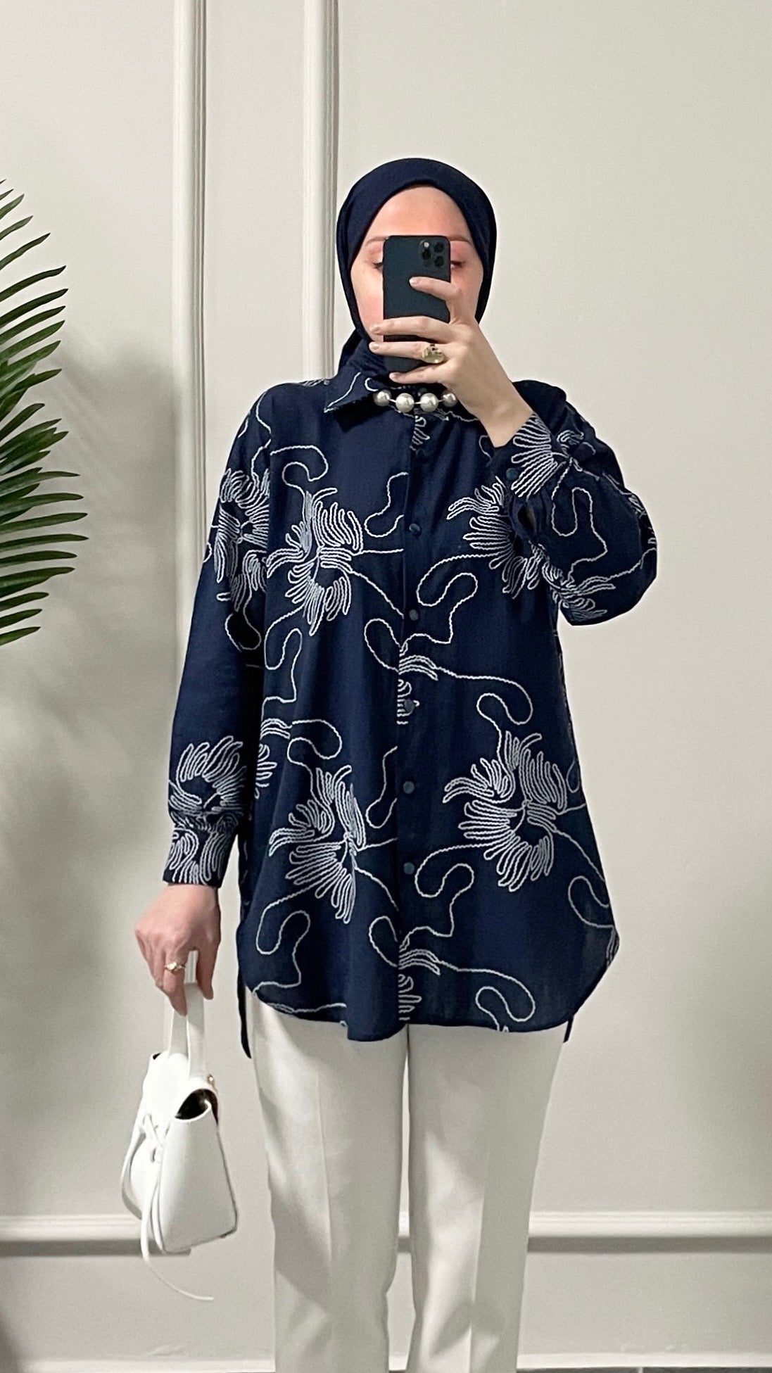 Keten Çiçek Desenli Gömlek Lacivert