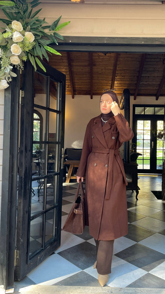 Vintage Tasarım Kol Düğmeli Kaşe Kaban Kahve