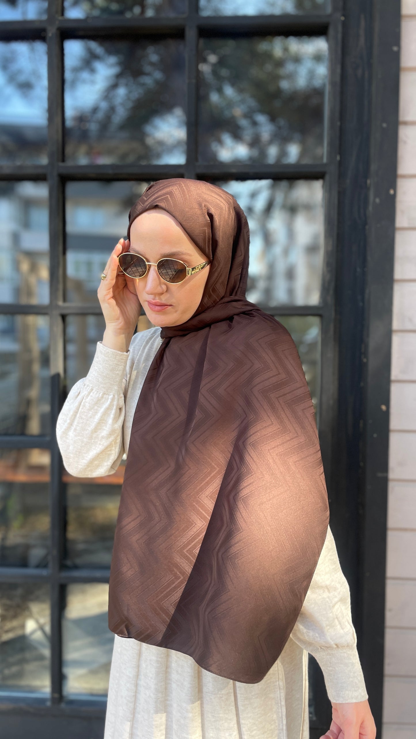 İpeksi Jakar Zikzak Desen Şal Acı Kahve