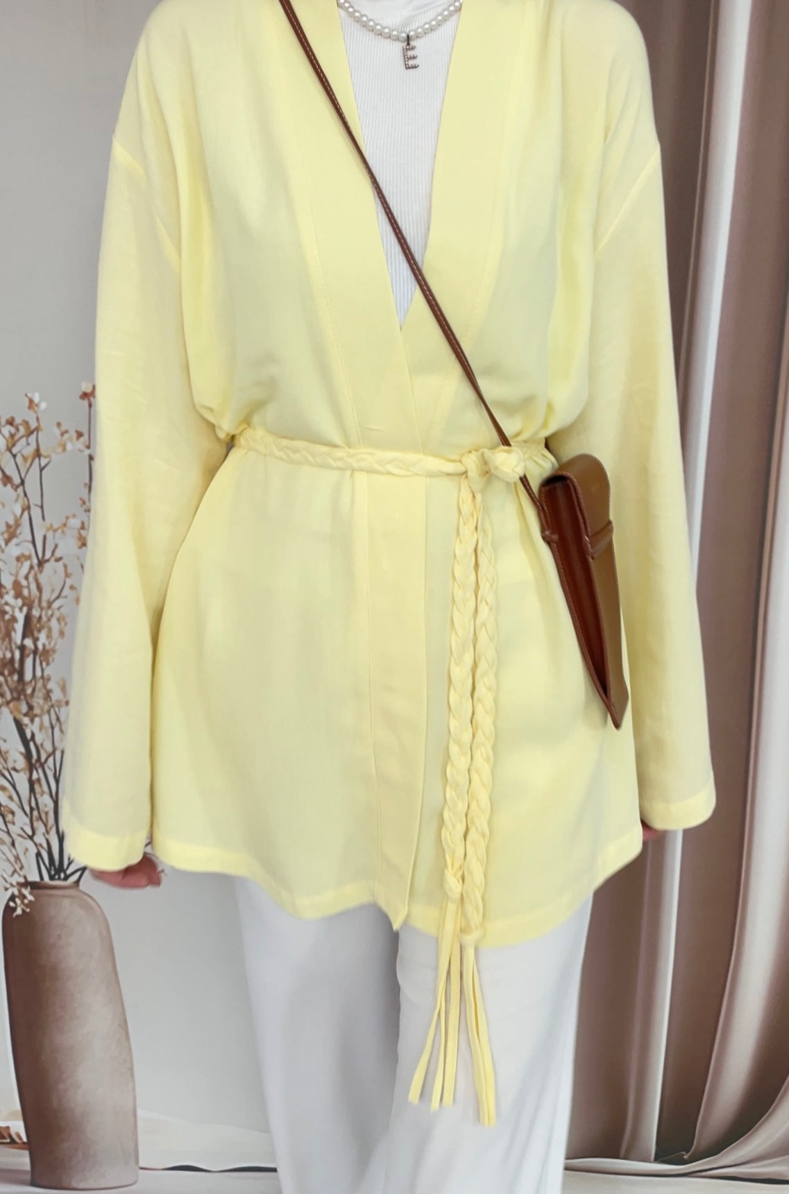 Ham Keten Örgü Kemerli Kimono Soft Sarı