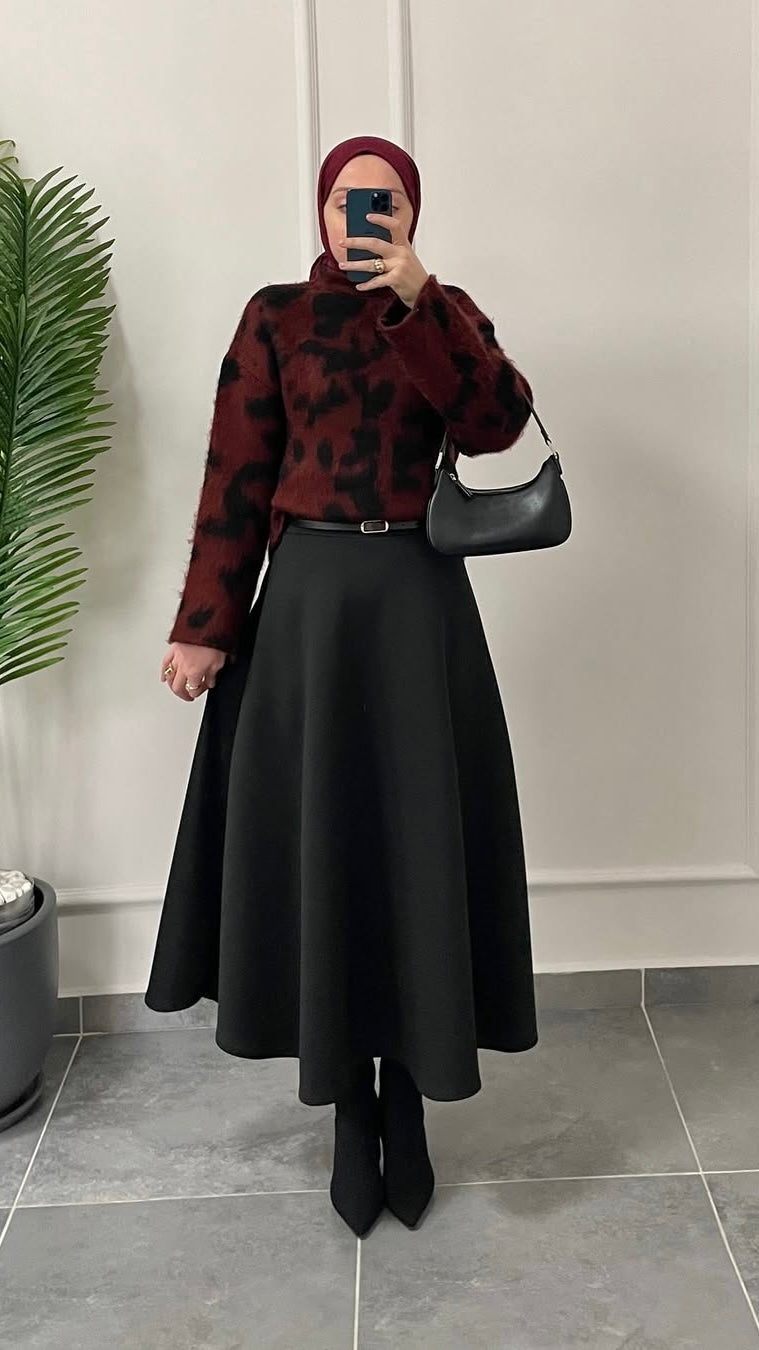 Leopar Desen Peluş Kazak Bordo