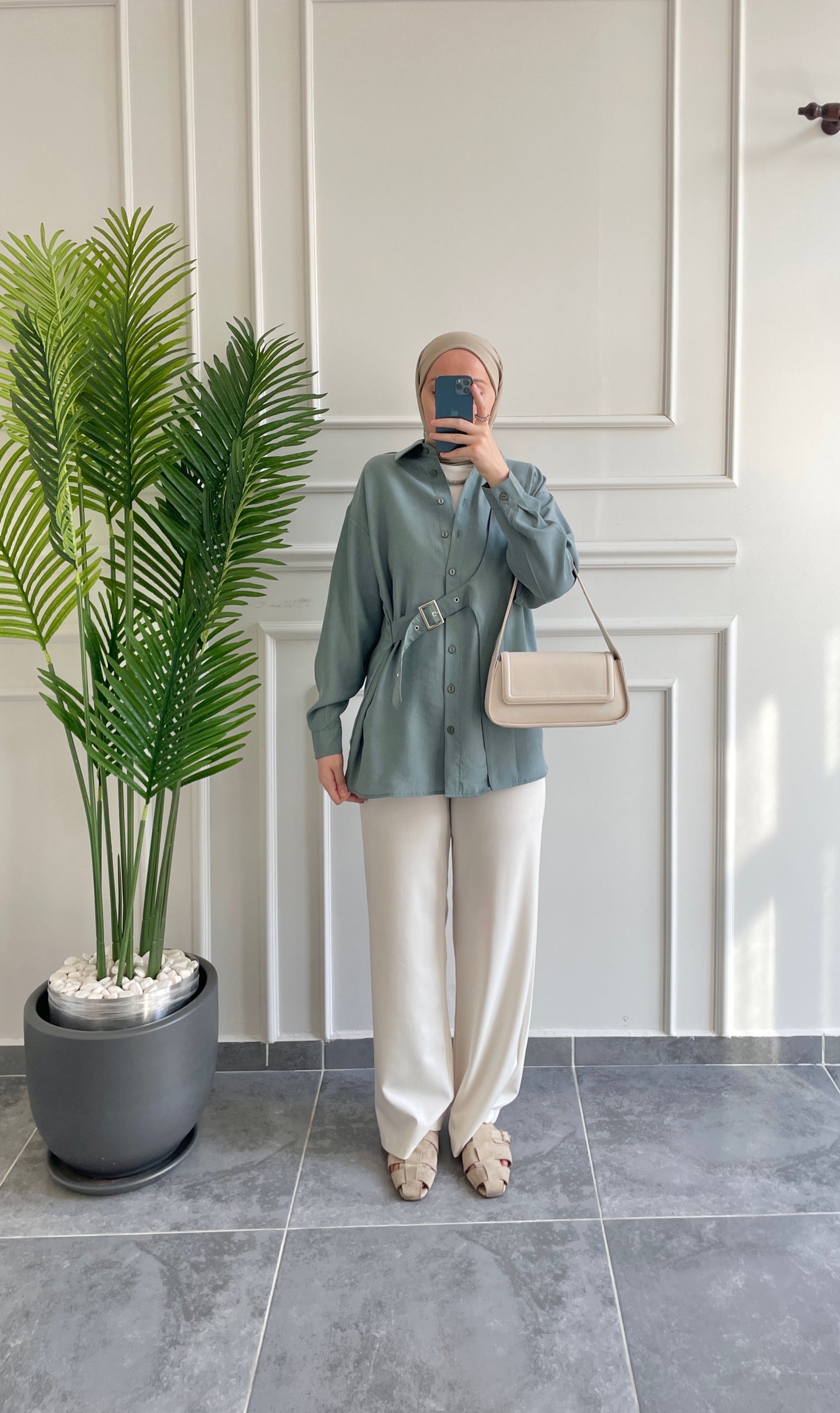 Premium Modal Kuşgözü Kemerli Gömlek Aqua