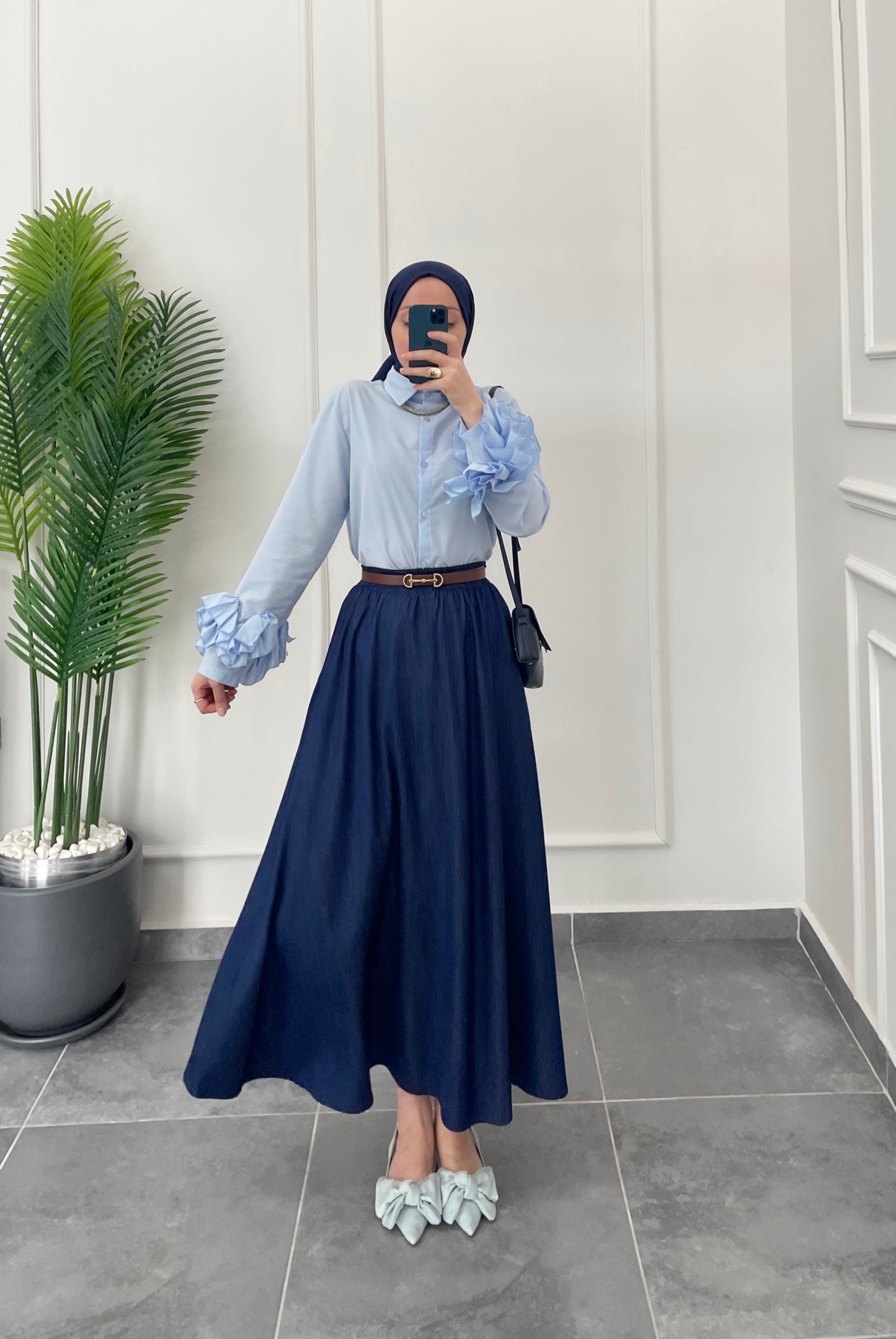 Çilek Kol Tasarım Gömlek-Mavi