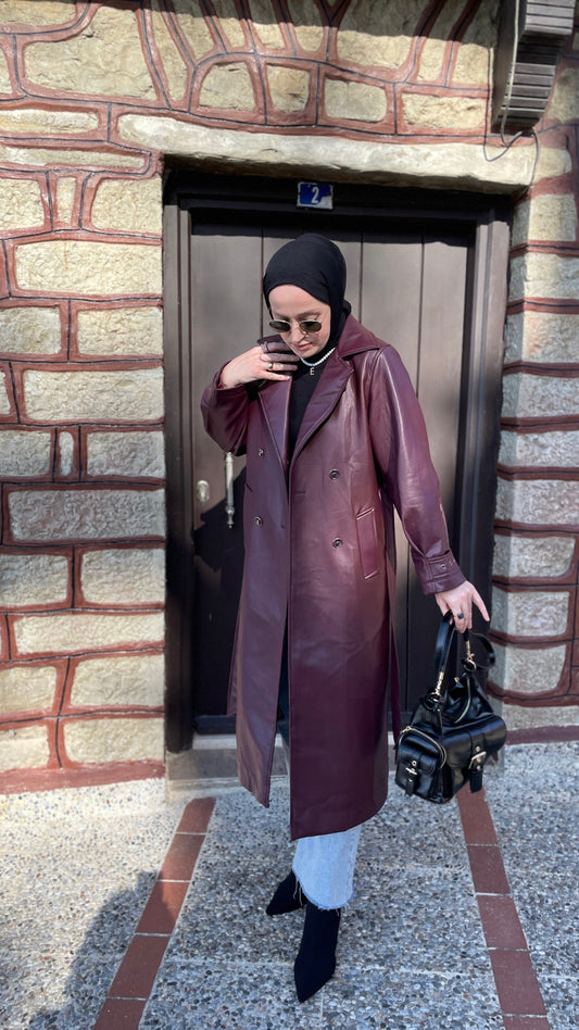 Premium Kalite Deri Trençkot Bordo
