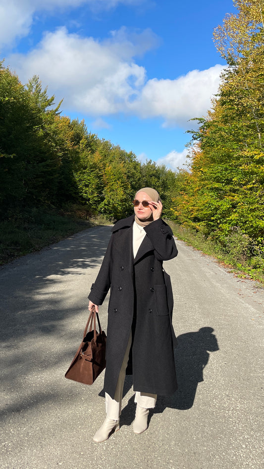 Kruvaze Yaka Premium Kaşe Kaban Siyah