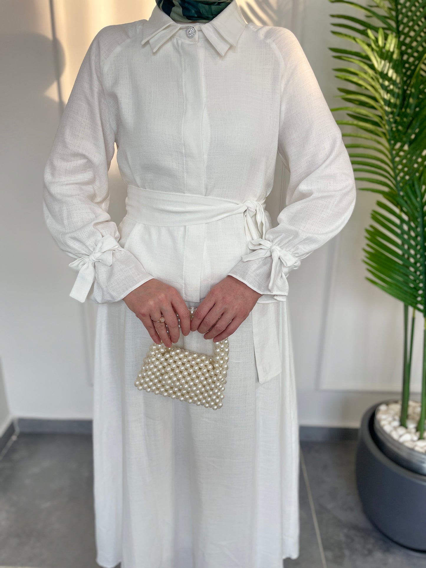 Dolunay Çift Yaka Tasarım Keten Etekli Takım-Beyaz