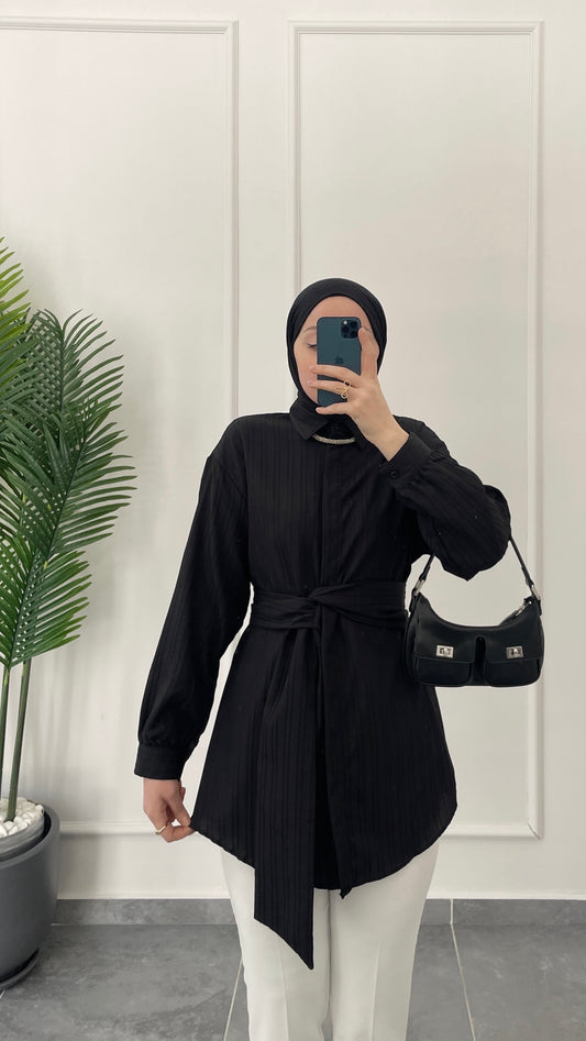 Bel Bağlama Tasarım Gömlek-Siyah