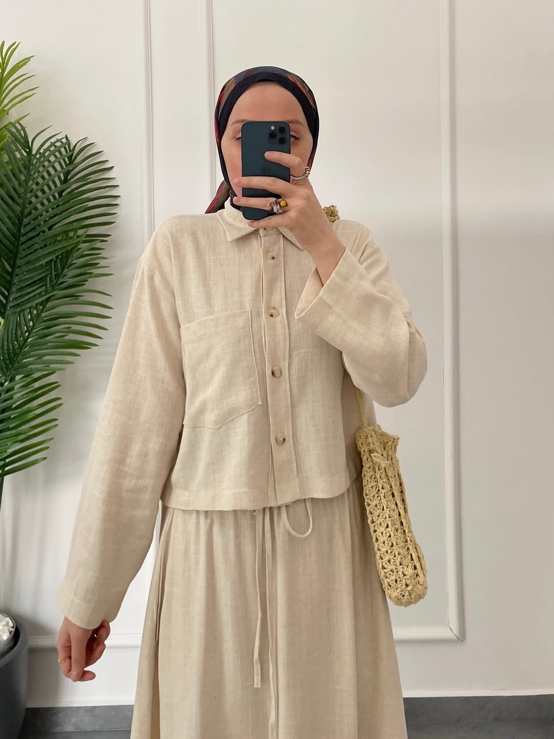 Ham Keten Düğmeli Etekli Takım-Naturel