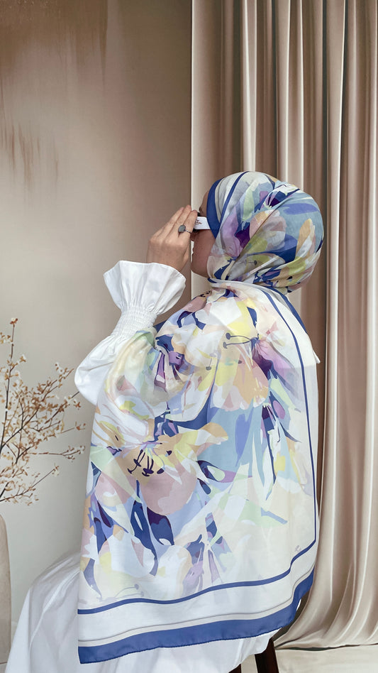 Ebruli Desen Pamuk Soft Şal İndigo