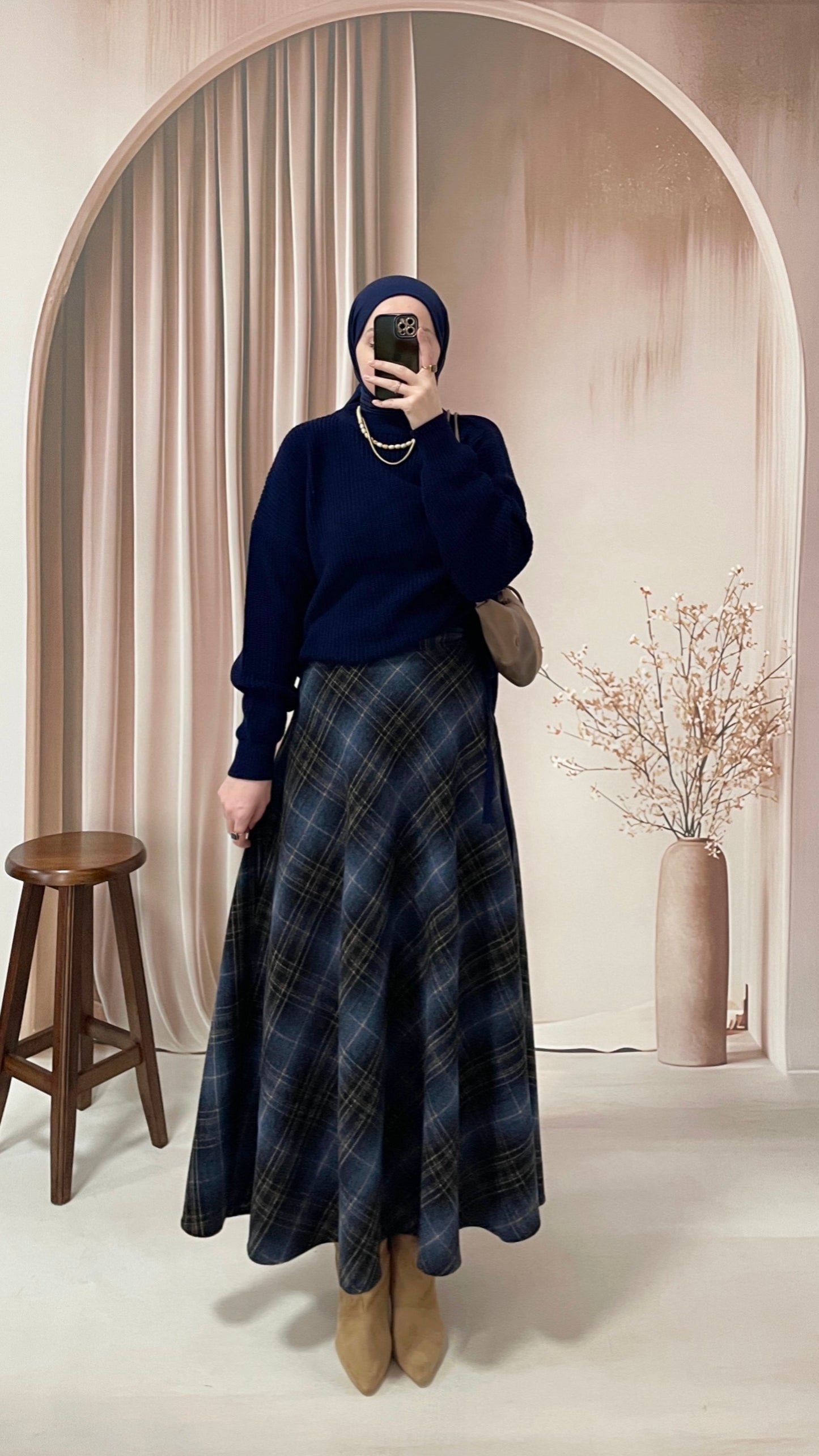 Ekose Kaşe Kloş Etek Lacivert geçişli