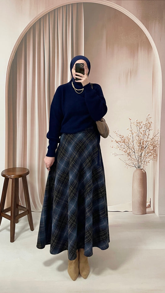 Ekose Kaşe Kloş Etek Lacivert geçişli