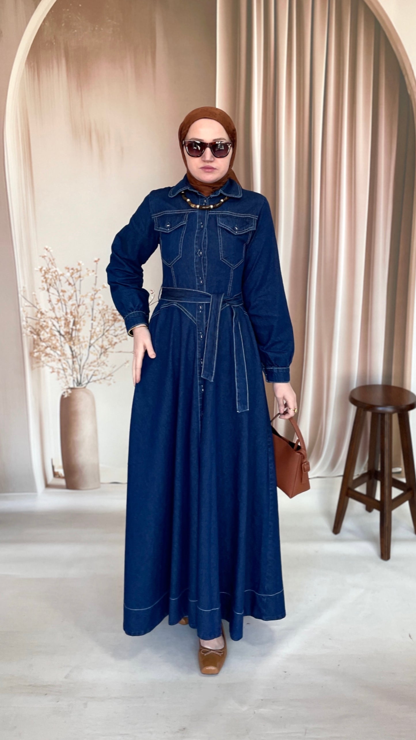 Kontrast Dikişli Premium Denim Kloş Elbise
